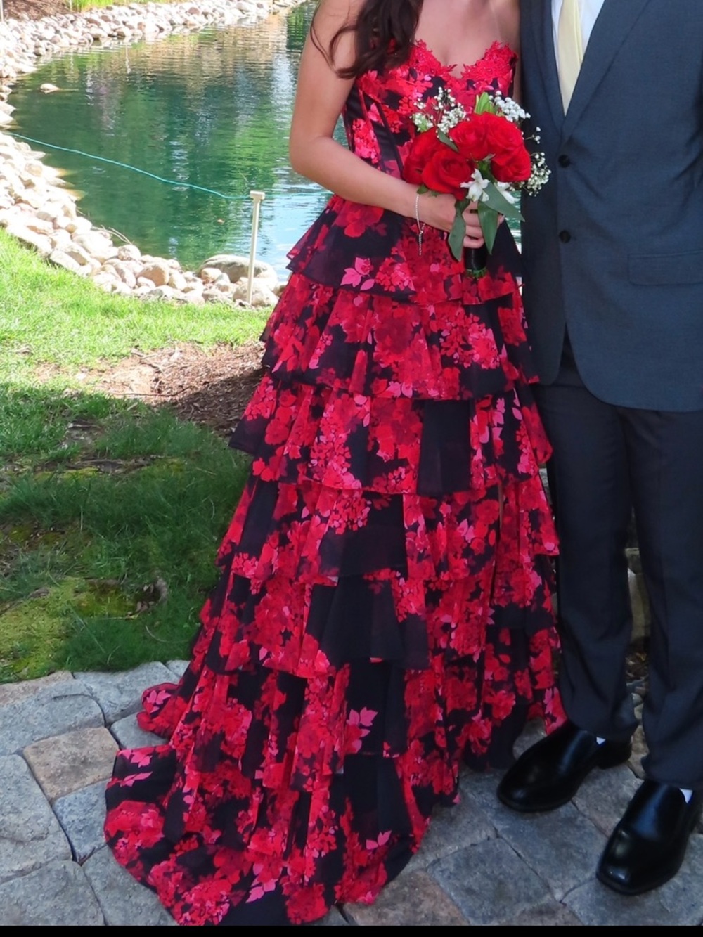 Elegant Red Floral Tiered Prom Dress